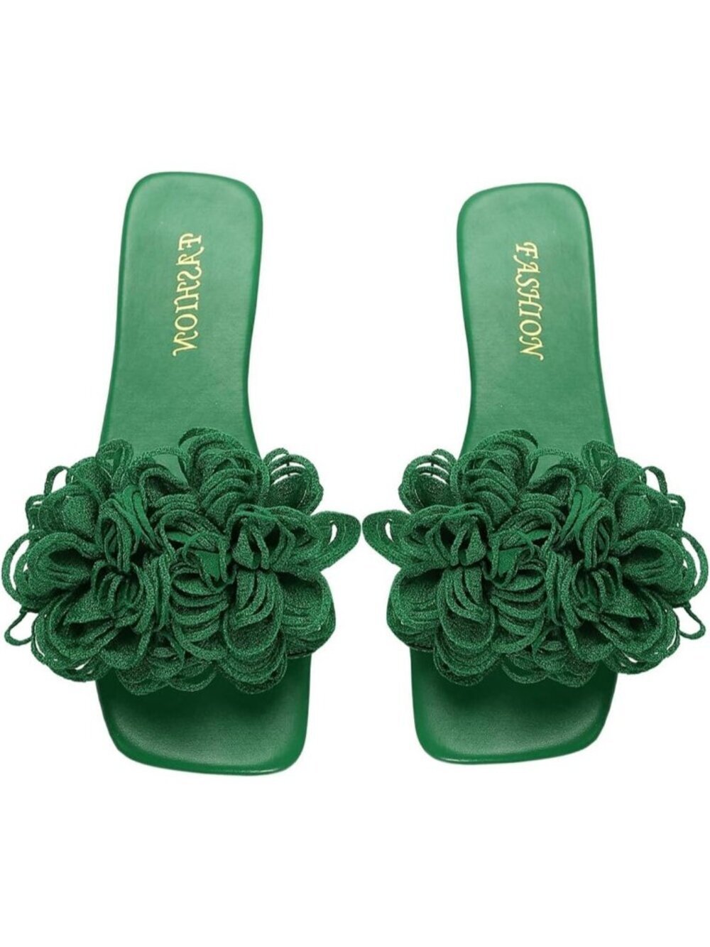Women's 3D Floral Flat Sandals Green Square Open Toe PU Leather Slip on Slides